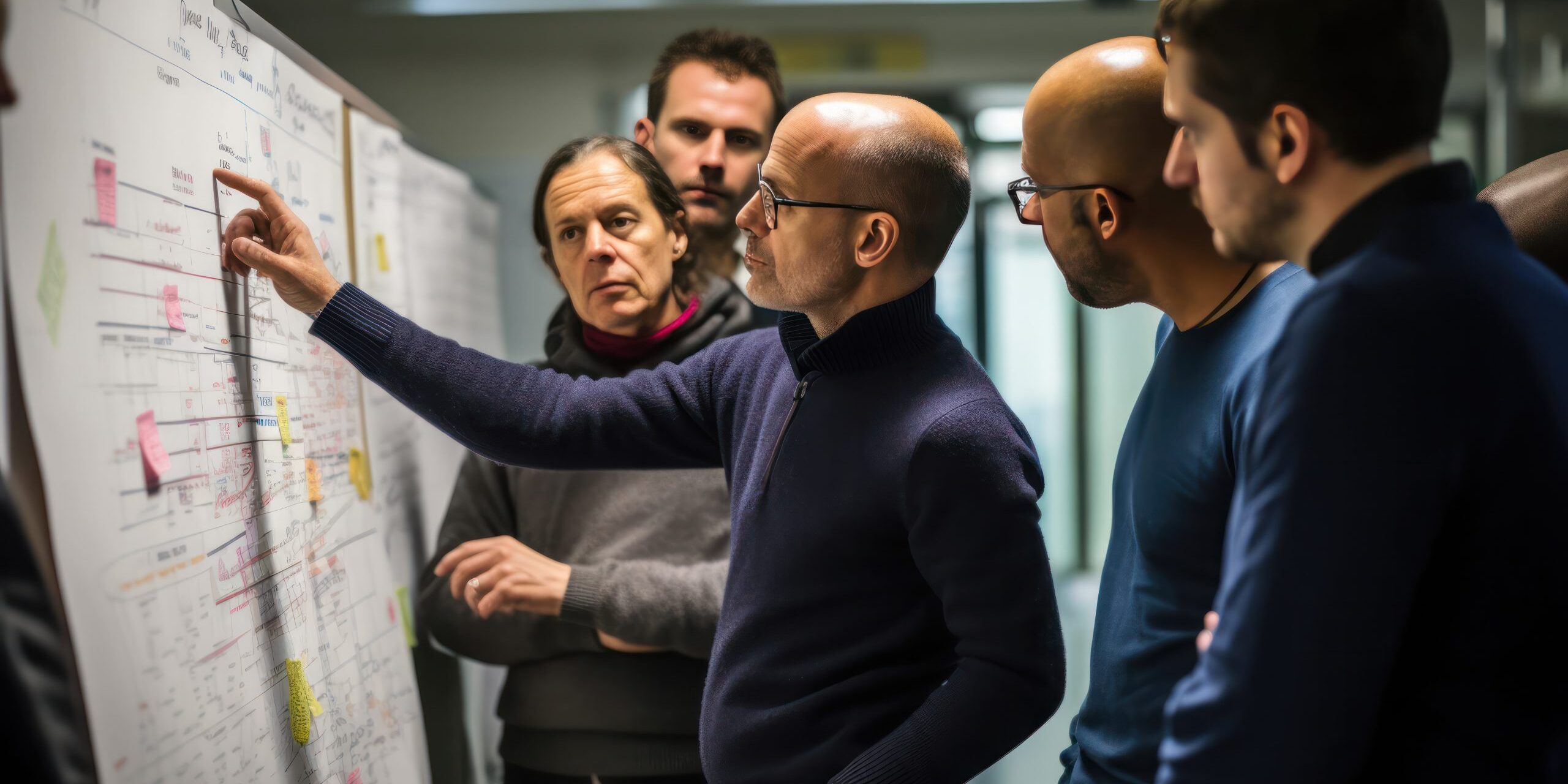 researchers huddled around a whiteboard covered with notes and diagrams, deep in discussion. Candid documentary style, capturing the teams interaction